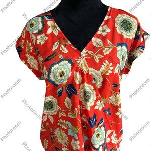 Express Medium Orange Floral Cap Sleeve Faux Wrap Blouse